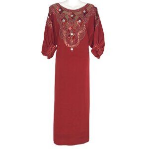 Red Maxi Column Dress Beaded 3/4 Sleeve Arabic Kaftan Islamic Muslim Embellished